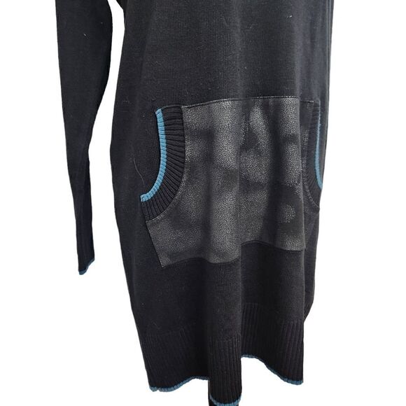 Dino Gaspari Black Ribbed Knit Dress with Collar Medium Faux Leather Pocket - Picture 2 of 15
